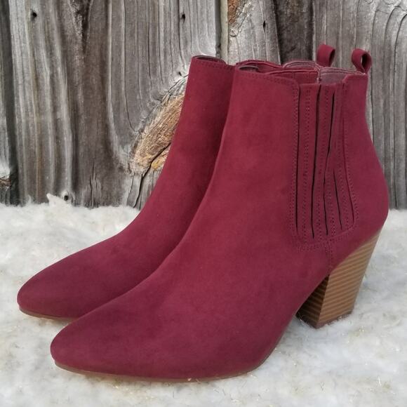 Red Heeled Bootie JustFab Misha Size 8.5 Burgundy Wine Ankle Boot EUC - Picture 2 of 13